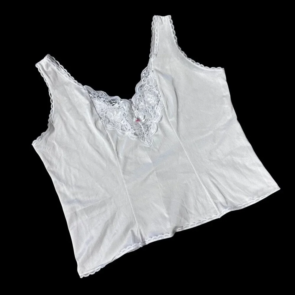 Vintage White Lace Trim Camisole Tank Top USA 1980s Romantic Undershirt Retro - Picture 1 of 6